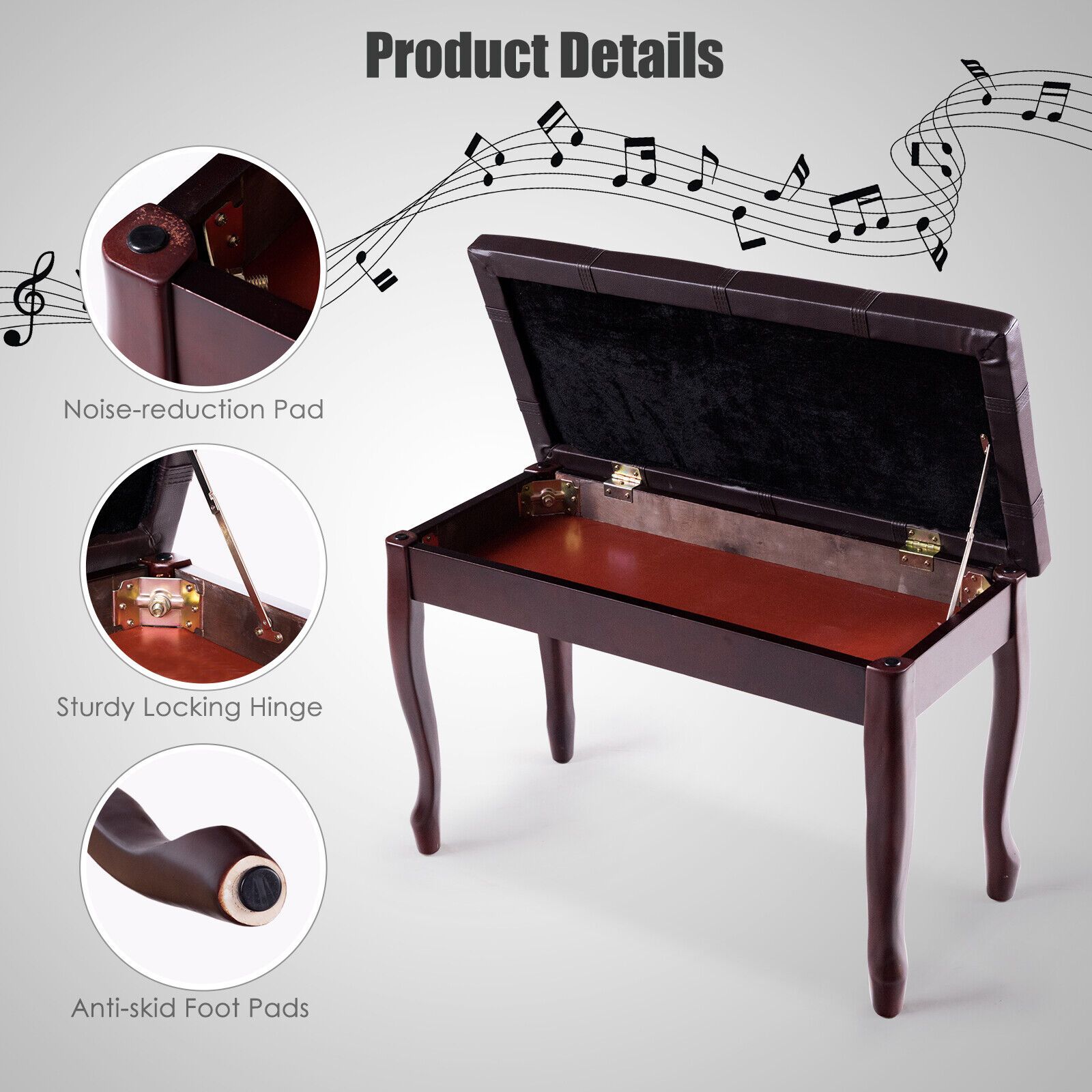Leather Piano Bench with Storage Compartment and Wooden Legs Brown